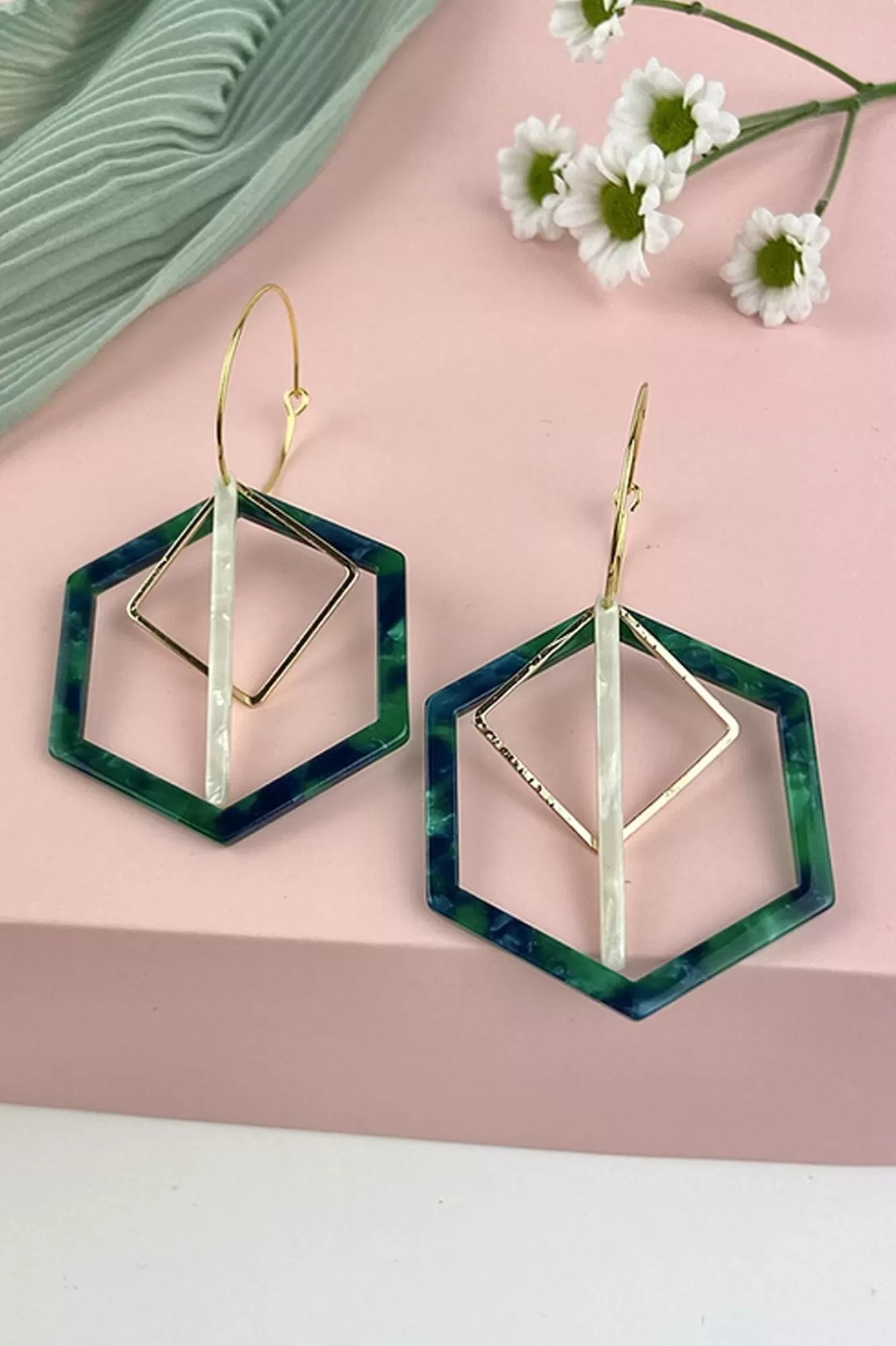 ALOË Hoops>24K Gold Plated Bottle Green Triple Charm Hoops