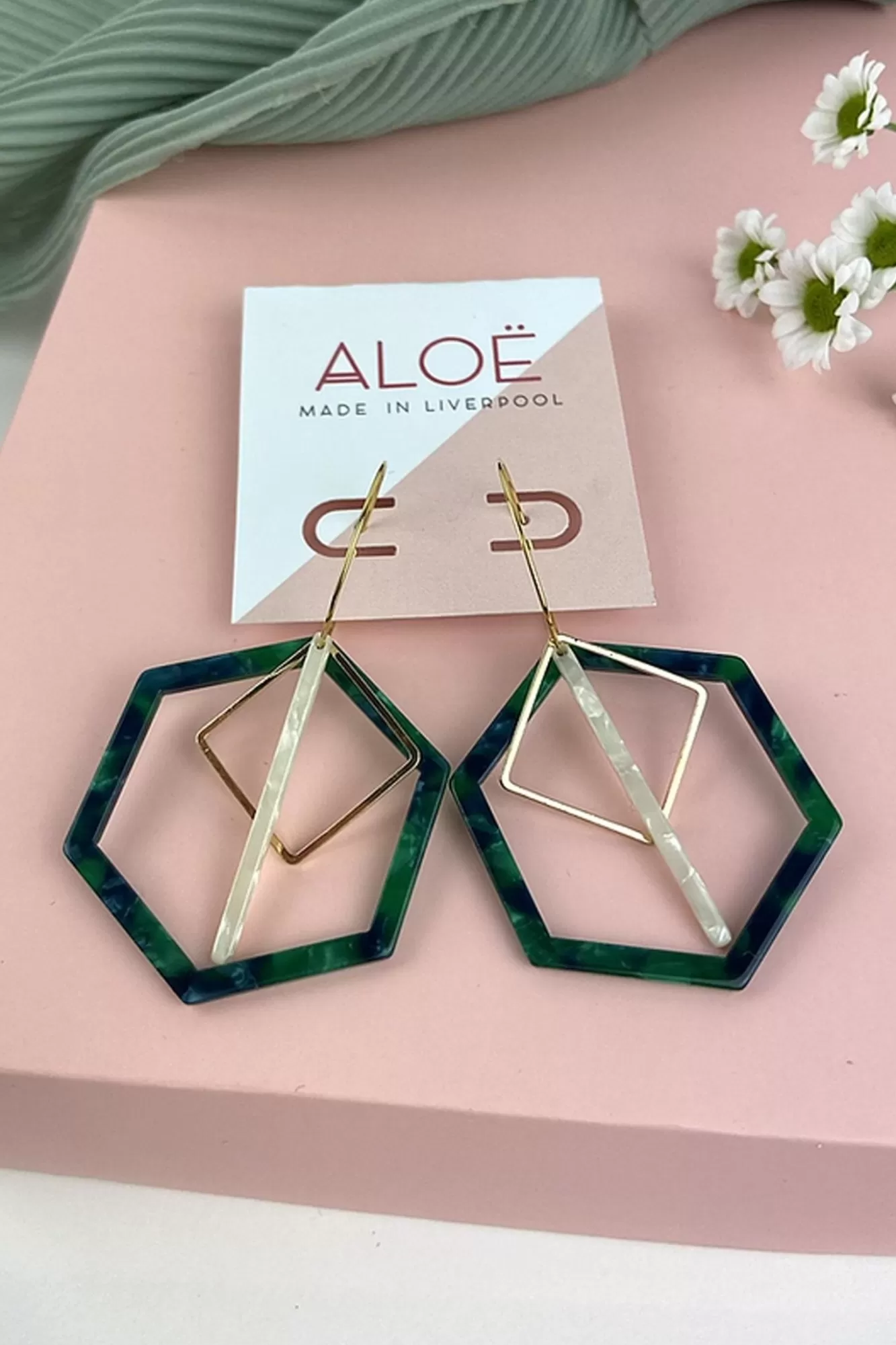 ALOË Statement Styles>24K Gold Plated Bottle Green Triple Charm Hoops