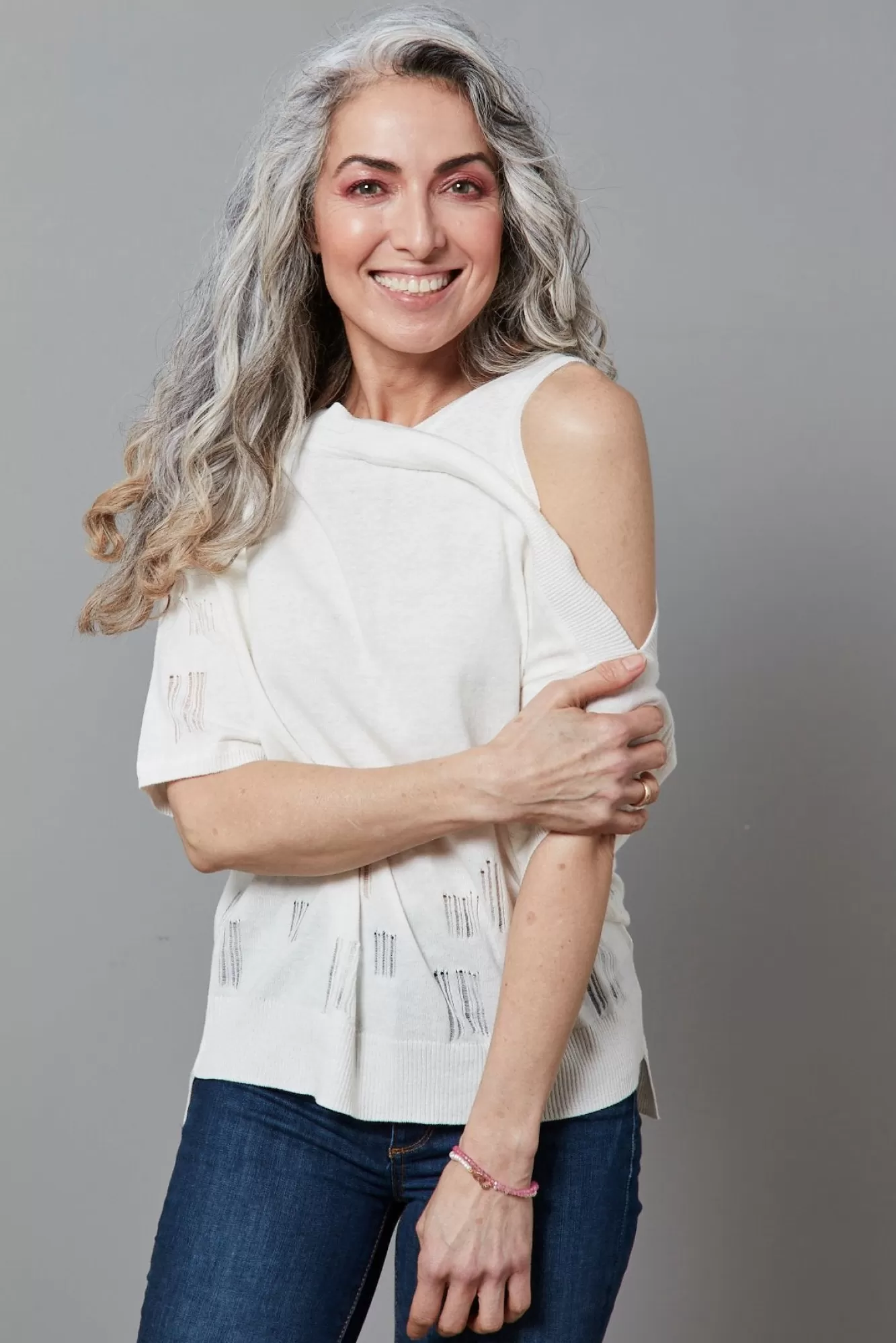 Charli Tops & T-Shirts> Lotus Cotton Linen Blend Cut Out Shoulder White Knitted Top
