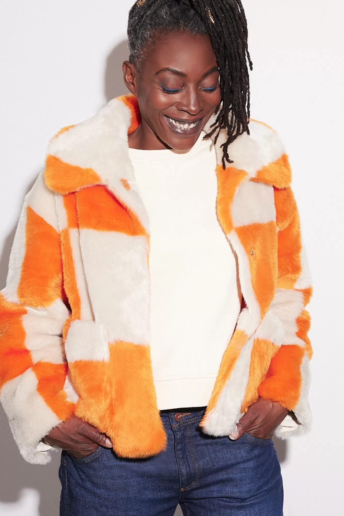 Jakke Coats> Traci Orange Checkerboard Faux Fur Jacket