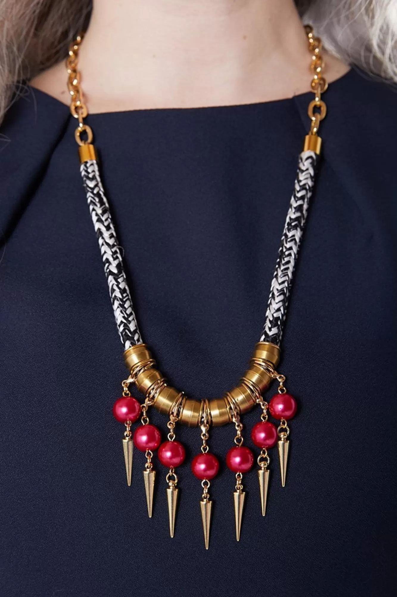 Dark Horse Ornament Statement>Strike Out Ageism Charity Crystal Pink Pearl & Gold Plated Spikes Statement Necklace