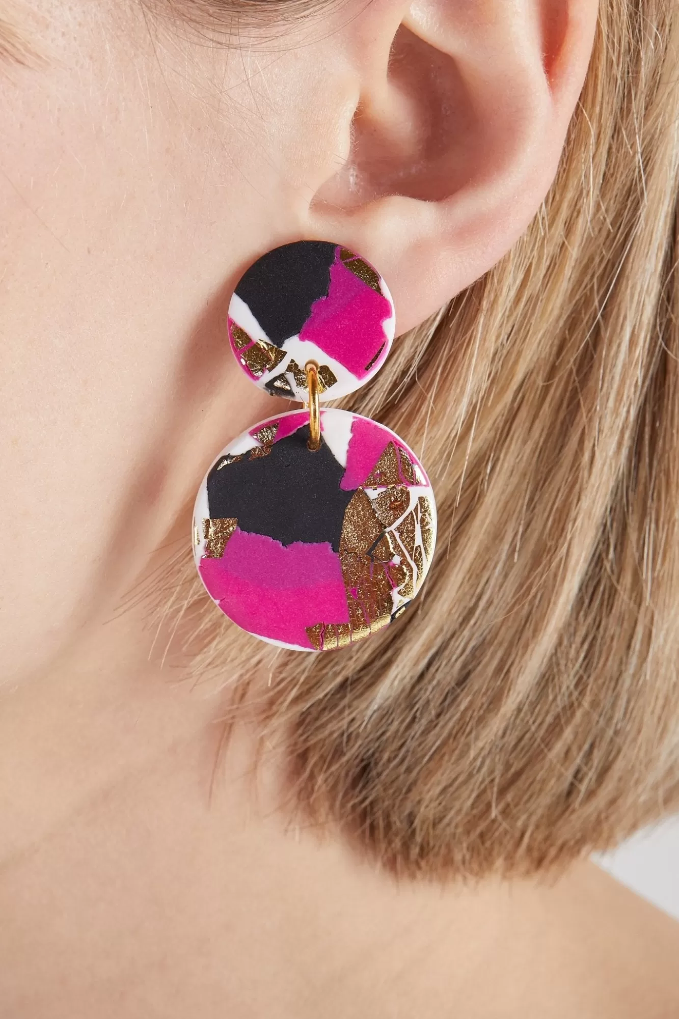 No Shrinking Violet Statement Styles>Strike Out Ageism Charity Pink, Black & Gold Medium Earrings