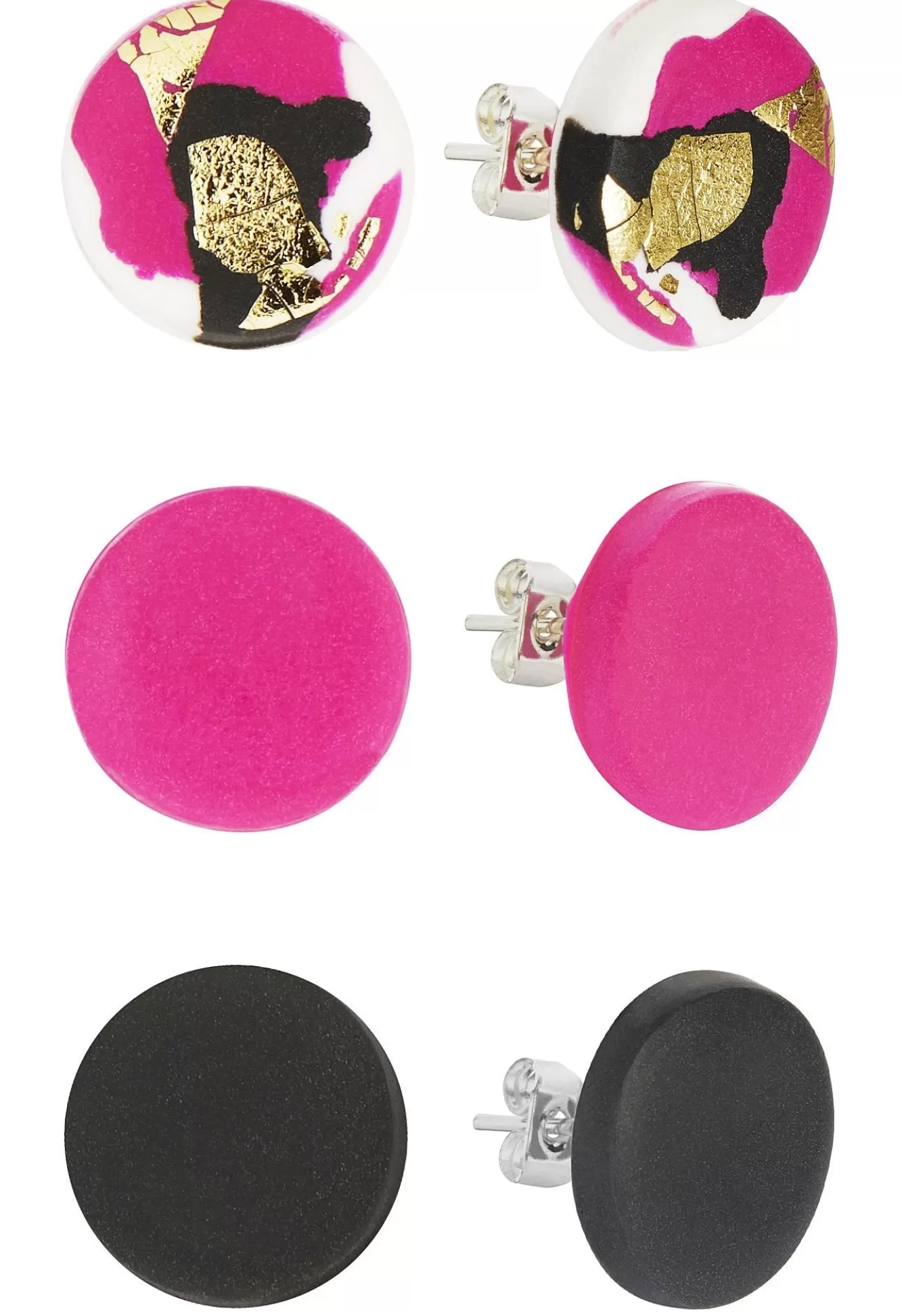 No Shrinking Violet Polymer Clay>Strike Out Ageism Charity Pink, Black & Gold Set Of 3 Stud Earrings